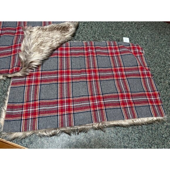 (2) Pottery Barn Nottingham plaid/faux fur pillow covers 16x26” - Picture 3 of 5